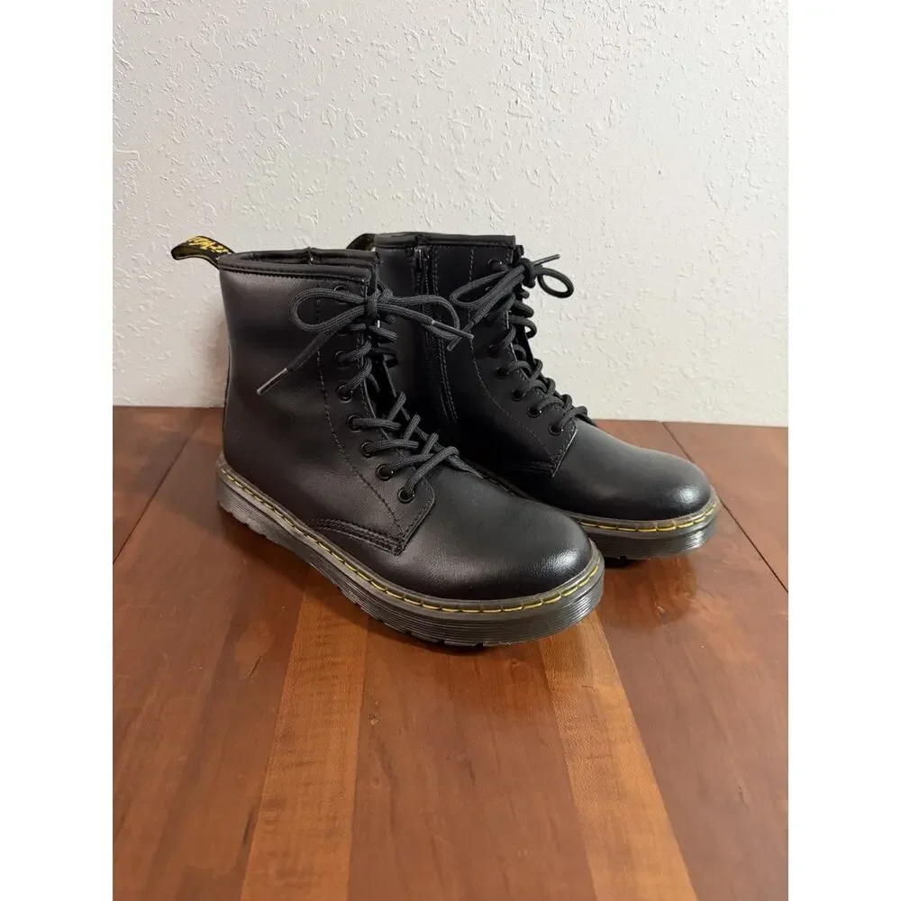 Dr. Martens Zavala Black Leather Lace Up Side Zip Combat Boot Kids 4M EUC
